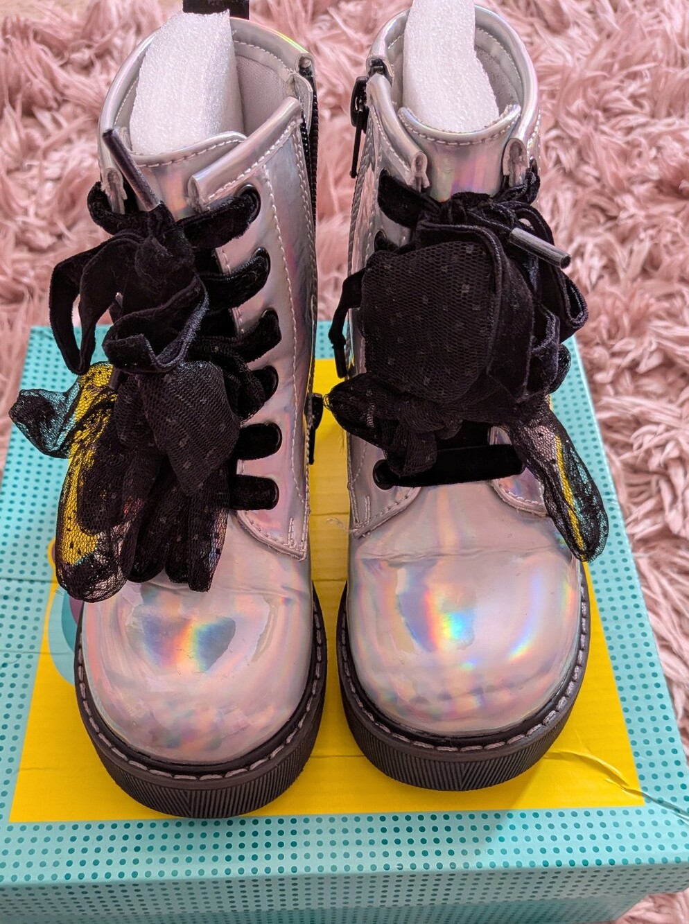 Kids Holographic Lace-Up Ankle Boots with Black Ribbon Laces
